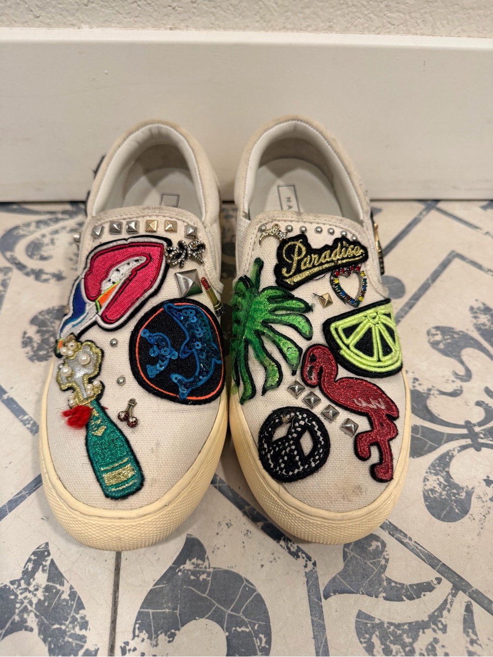Marc Jacobs Cream Canvas Slip-On Sneakers with Multicolor Patches